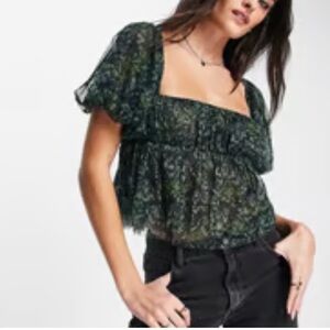 Free People Penelope BOHO Dark Green Floral Square-Neck Puff-Sleeve Crop Top XS